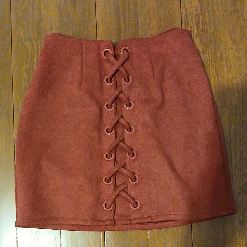 Shinestar Lace-Up Burgundy Faux Suede Skirt Size S